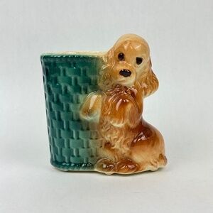 Vintage Royal Copley Ceramic Cocker Spaniel Green Wicker Basket Planter / Vase